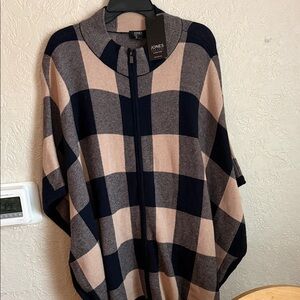 Jones New York Navy and Beige Checkered zip up poncho